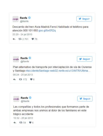 Primeros tuits de Renfe tras el accidente de Santiago en 2013.