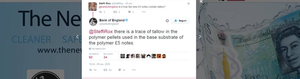 El Banco de Inglaterra reconoce en Twitter que los billetes contienen sebo.