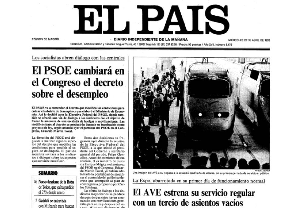 Portada de EL PAÍS del 22 de abril de 1992 ( ver PDF completo ).