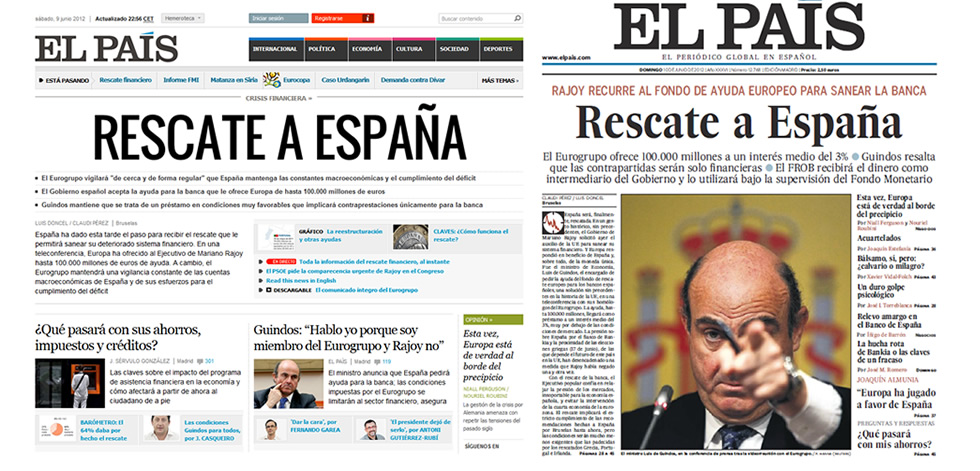 Las portadas de EL PAÍS que dieron cuenta del rescate bancario.
