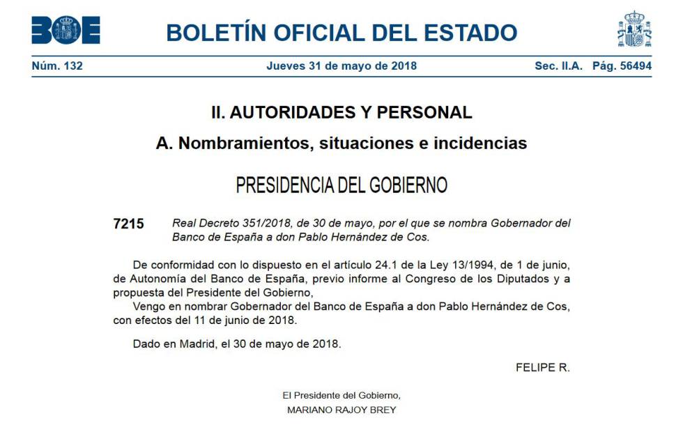 El Gobierno blinda en el BOE al nuevo gobernador del Banco de España antes de la moción de censura