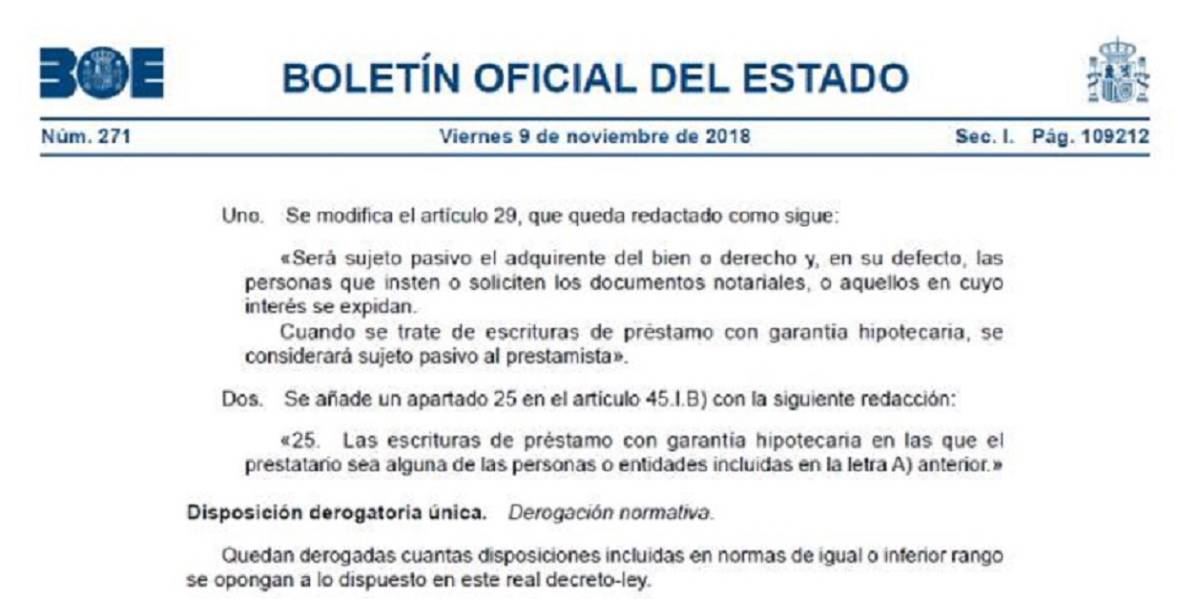 Página del BOE de este viernes que recoge los cambios en los impuestos sobre las hipotecas.
