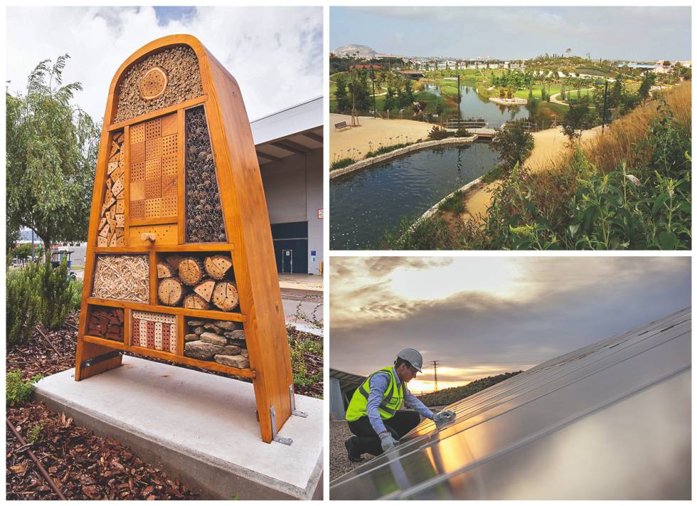 Un hotel de insectos. Parque urbano inundable La Marjal, en San Juan (Alicante). Y placas fotovoltaicas en la Estación de Tratamiento de Agua Potable de Sant Joan Despí.