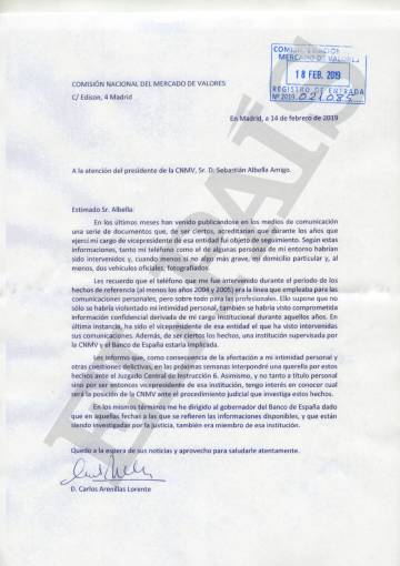 Carta de Arenillas a la Comisión Nacional del Mercado de Valores.