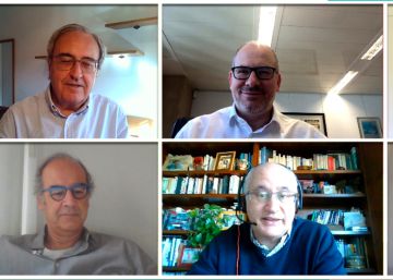 Pie de Foto: De izquierda a derecha y de arriba abajo: Francisco Pérez, director de investigación del Ivie; Miguel Jiménez, director de CincoDías; Fernando Fernández, profesor de Economía del IE Business School; Antonio Cortina, director adjunto del Servicio de Estudios Corporativos del Grupo Santander; José Antonio Vega, director adjunto de CincoDías, y Santiago Carbó, director de estudios financieros de Funcas, en la teleconferencia de esta tarde.