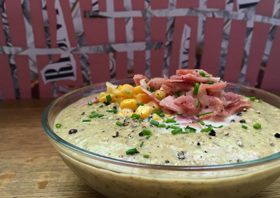 Crema de brócoli, maíz y lacón