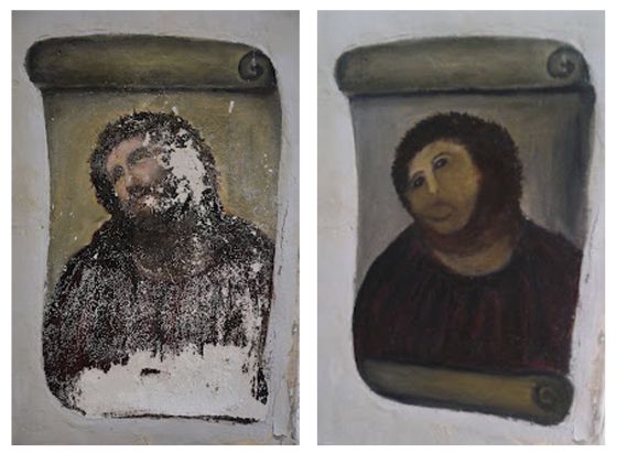 La imagen de la dramática restauración del 'Ecce Homo' de una iglesia de Borja (Zaragoza) por parte de una vecina del pueblo ha acaparado la atención en las redes sociales. La imagen de la dramática restauración del 'Ecce Homo' de una iglesia de Borja (Zaragoza) por parte de una vecina del pueblo ha acaparado la atención en las redes sociales.