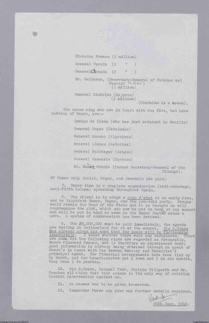 A document released by the UK National Archives, showing the names of generals who were bribed and the amounts received.