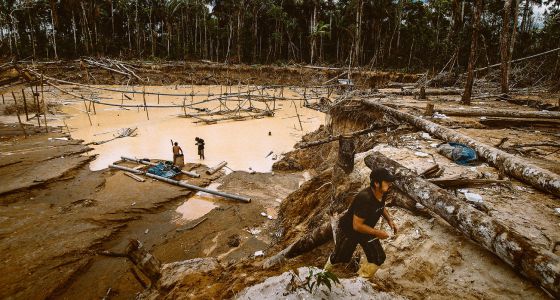 Un grupo de mineros se dedica a la extracción de oro en La Pampa. Primero vino la desforestación del escudo de protección de la reserva nacional de Tambopata hasta acabar con miles de hectáreas de bosque; después, el trabajo en los cráteres arenosos donde las lluvias arrastran el polvo de oro de los Andes.