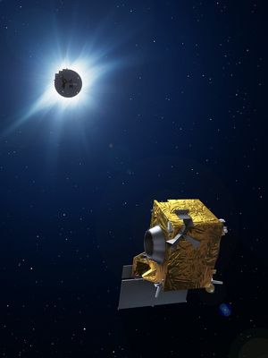 Il·lustració d'un satèl·lit de la sèrie Proba observant un eclipsi de Sol.