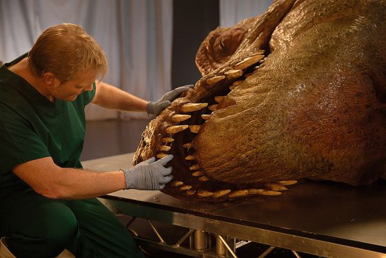 Procedimiento de autopsia de la reproducción de T. Rex por el equipo de veterinarios y paleontólogos.
