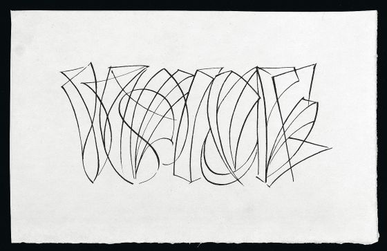 'Voz', de Ewan Clayton. Caligrafía realizada con pulma de ganso y tinta sobre papel.