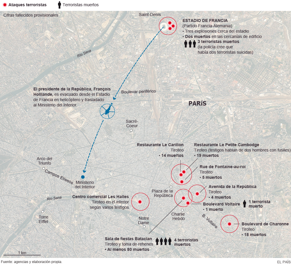 Mapa de los atentados de París