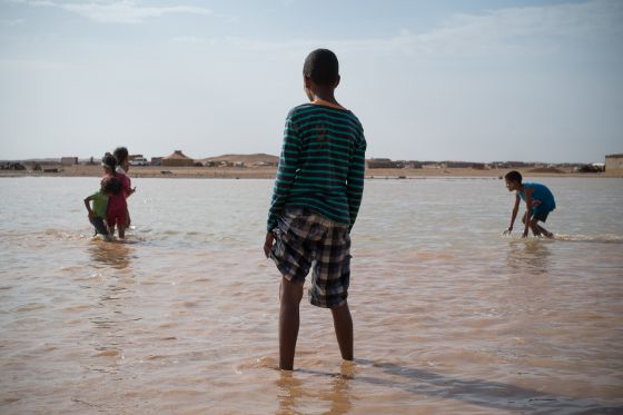 Niños en una zona inundada del campamento de Auserd