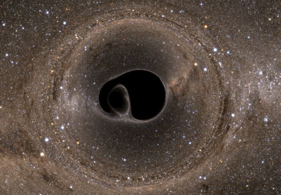 Representación de la colisión de dos agujeros negros
