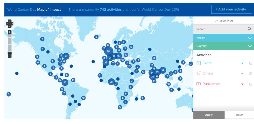 Mapa de la organización mundial del Día Contra el Cáncer.