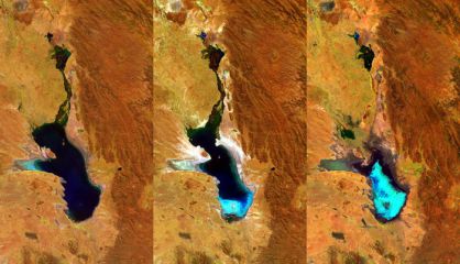Las tres imágenes captadas por la ESA del lago Poopó.