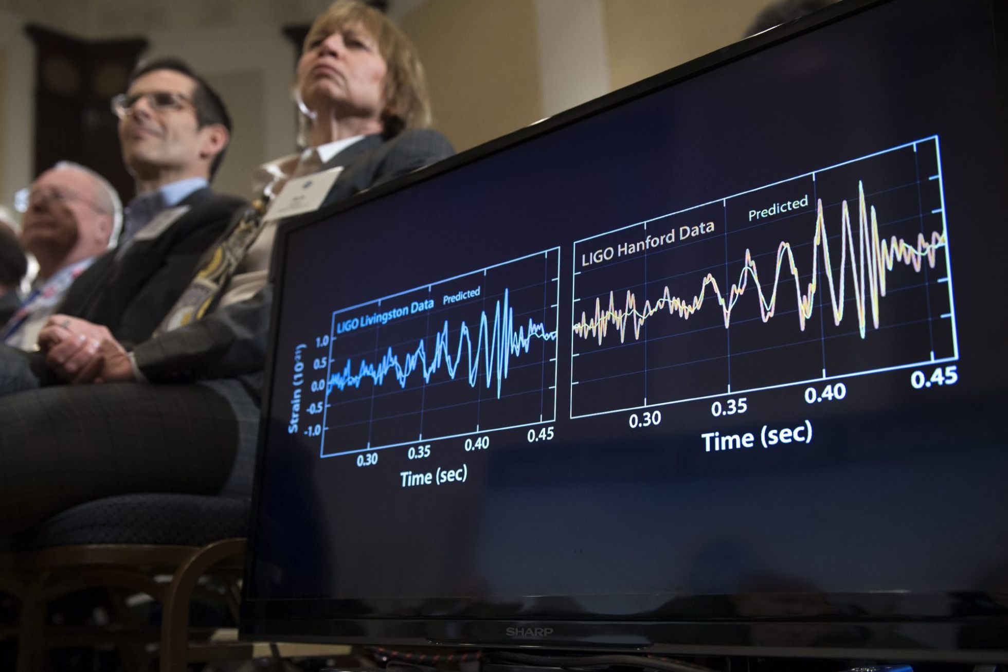 Vista de los gráficos de datos del proyecto LIGO durante la rueda de prensa sobre la demostración de la existencia de las ondas gravitacionales en Washington DC Vista de los gráficos de datos del proyecto LIGO durante la rueda de prensa sobre la demostración de la existencia de las ondas gravitacionales en Washington DC