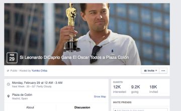 El grupo de Facebook donde se convoca a la gente a ir a la madrileña Plaza de Colón... si gana el Oscar, claro. El grupo de Facebook donde se convoca a la gente a ir a la madrileña Plaza de Colón... si gana el Oscar, claro.
