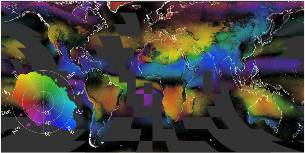 El mapa muestra la distribución de las nubes desde 1999. En negro las zonas con mayor nubosidad anual. Los distintos colores y su intensidad muestran las variaciones mensuales.
