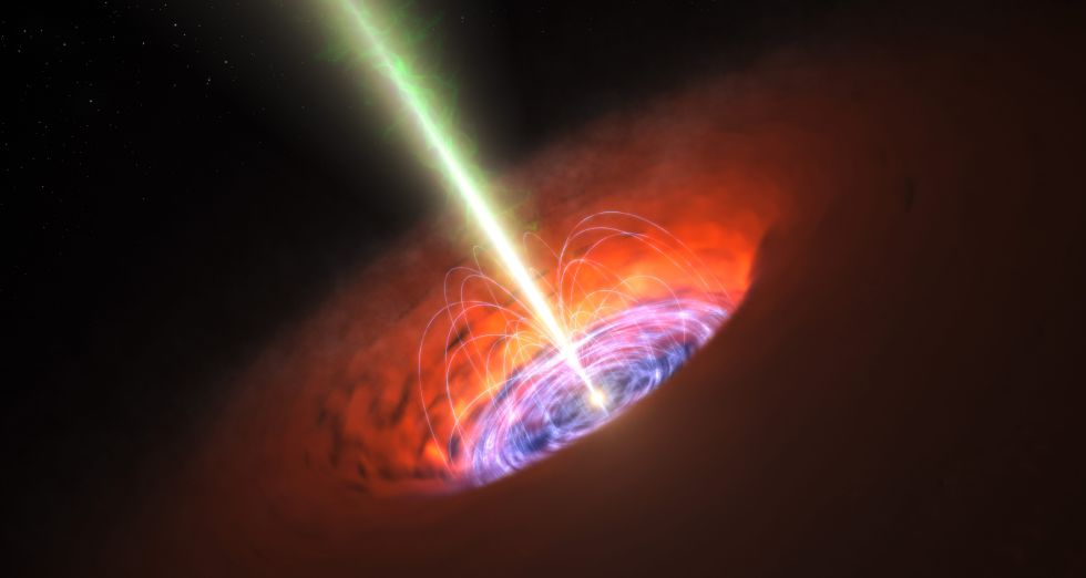 Recreación artística de un agujero negro supermasivo en el centro de una galaxia