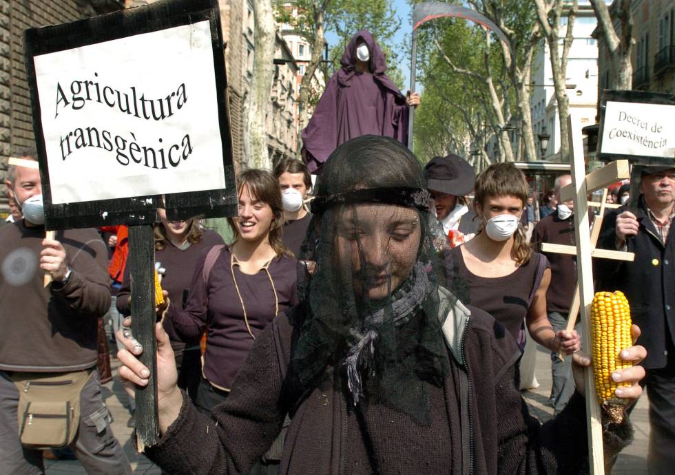 Diversos colectivos ecologistas se manifiestan en Barcelona contra los transgénicos, en 2006. 