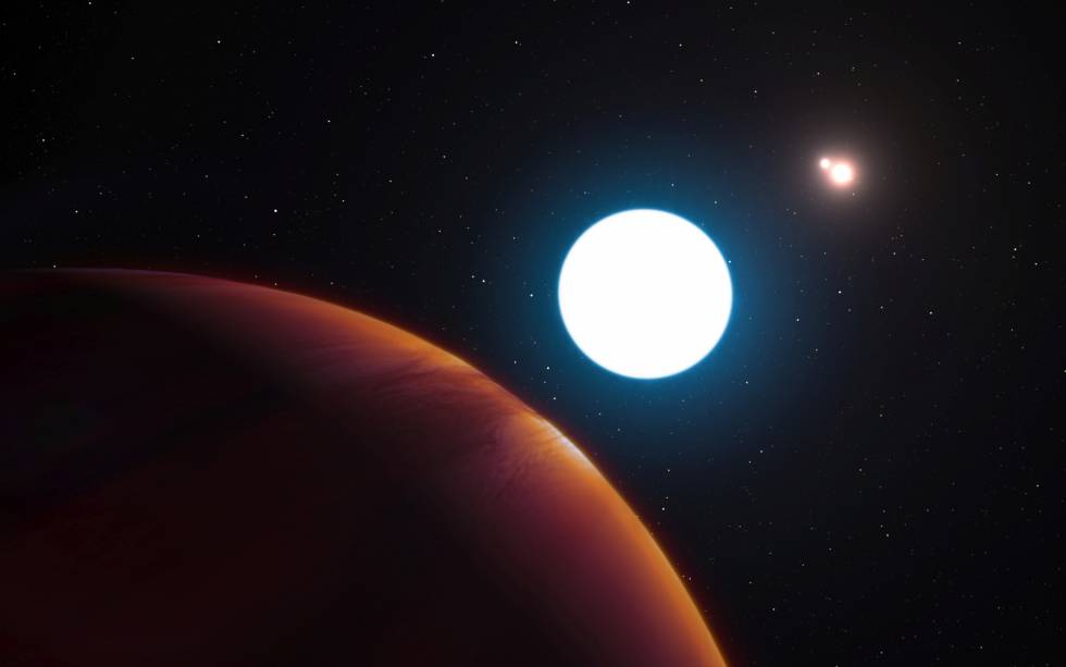 Recreación del planeta HD131399Ab y sus tres soles.