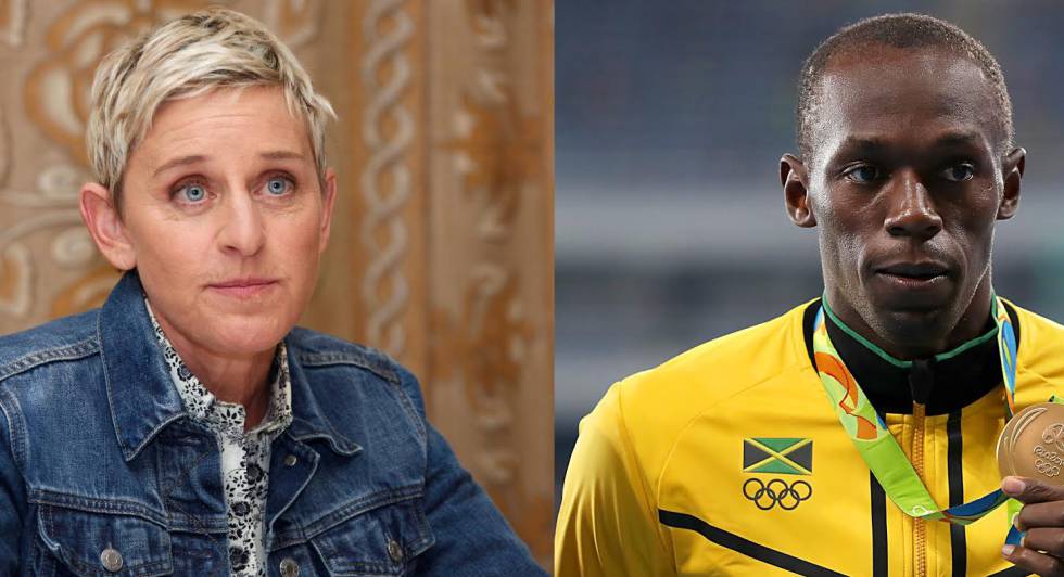 A apresentadora Ellen DeGeneres e o atleta Usain Bolt A apresentadora Ellen DeGeneres e o atleta Usain Bolt