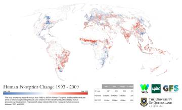 El mapa muestra la evolución del impacto humano sobre la naturaleza desde 1993. En rojo, las regiones que han aumentado su huella.