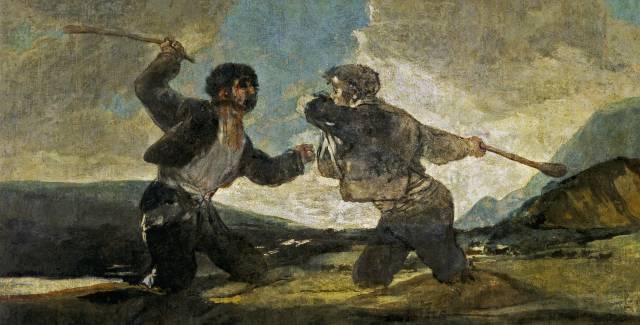 'El duelo a garrotazos' de Goya se ha convertido en símbolo de violencia cainita entre humanos. 'El duelo a garrotazos' de Goya se ha convertido en símbolo de violencia cainita entre humanos.