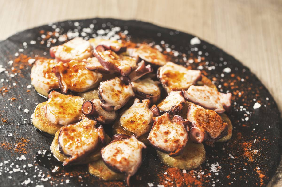 A plate of Galician-style octopus. A plate of Galician-style octopus.