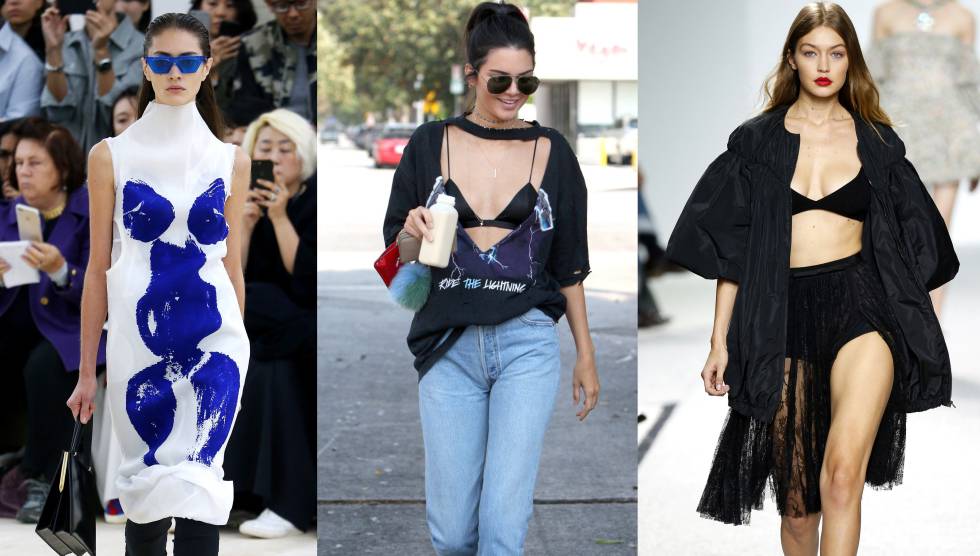 De izquierda a derecha: vestido de Céline presentado en la pasada Semana de la Moda de París, Kendall Jenner paseando por Los Ángeles, y modelo de Giambattista Valli.