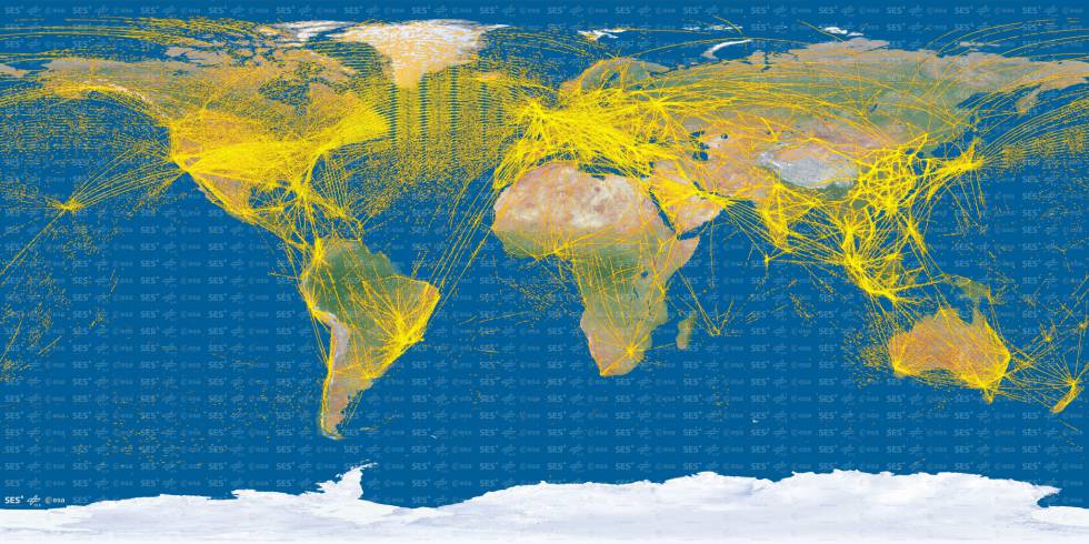 Imagen del tráfico áereo mundial creada con observaciones del satélite PROBA-V de la Agencia Espacial Europea
