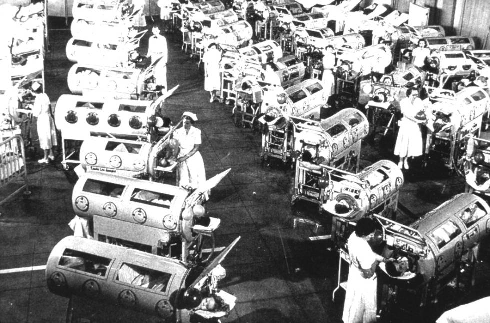Sala com 'pulmões de aço' no centro Rancho Los Amigos (EUA), em 1952.