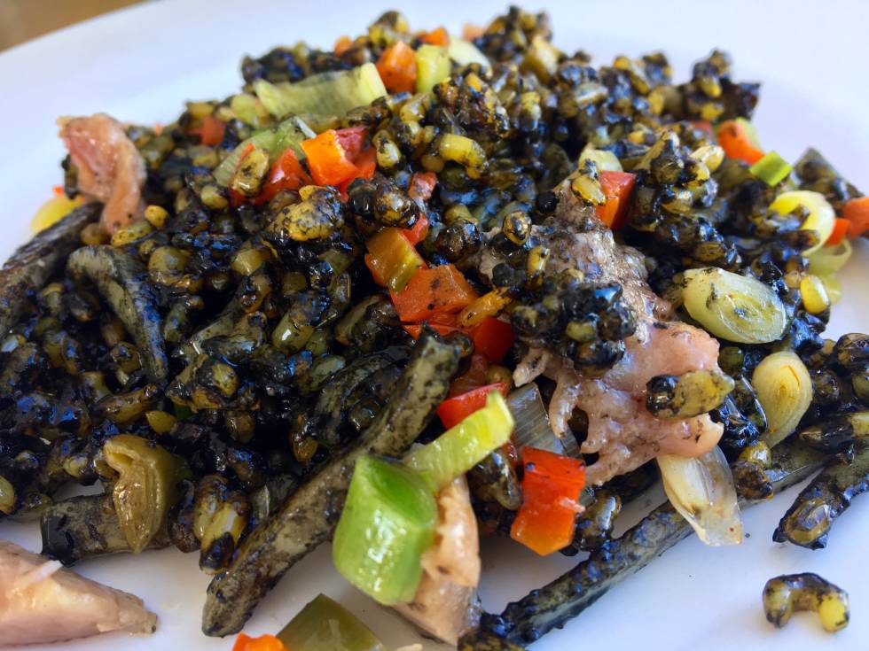 ARROZ NEGRO CON ATUN, CALAMAR, AJO TIERNO Y PIMIENTO ROJO, VARIEDAD J. SENDRA INTEGRAL CAPEL