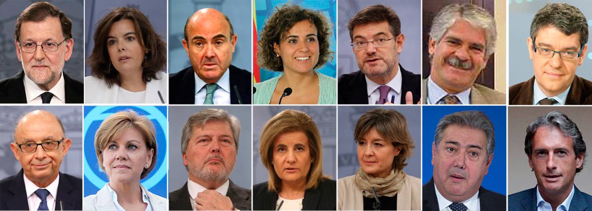 Rajoy, Santamaría (vicepresidenta), Guindos (Economía e Industria), Monserrat (Sanidad), Catalá (Justicia), Dastis (Exteriores), Nadal (Energía, Turismo y Agenda digital), Montoro (Hacienda), Cospedal (Defensa), Méndez de Vigo (Educación y portavoz), Báñez (Trabajo), Tejerina (Agricultura), Zoido (Interior) y De la Serna (Fomento).