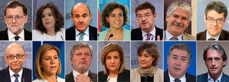 Rajoy, Santamaría (vicepresidenta), Guindos (Economía e Industria), Monserrat (Sanidad), Catalá (Justicia), Dastis (Exteriores), Nadal (Energía, Turismo y Agenda digital), Montoro (Hacienda), Cospedal (Defensa), Méndez de Vigo (Educación y portavoz), Báñez (Trabajo), Tejerina (Agricultura), Zoido (Interior) y De la Serna (Fomento). Rajoy, Santamaría (vicepresidenta), Guindos (Economía e Industria), Monserrat (Sanidad), Catalá (Justicia), Dastis (Exteriores), Nadal (Energía, Turismo y Agenda digital), Montoro (Hacienda), Cospedal (Defensa), Méndez de Vigo (Educación y portavoz), Báñez (Trabajo), Tejerina (Agricultura), Zoido (Interior) y De la Serna (Fomento).