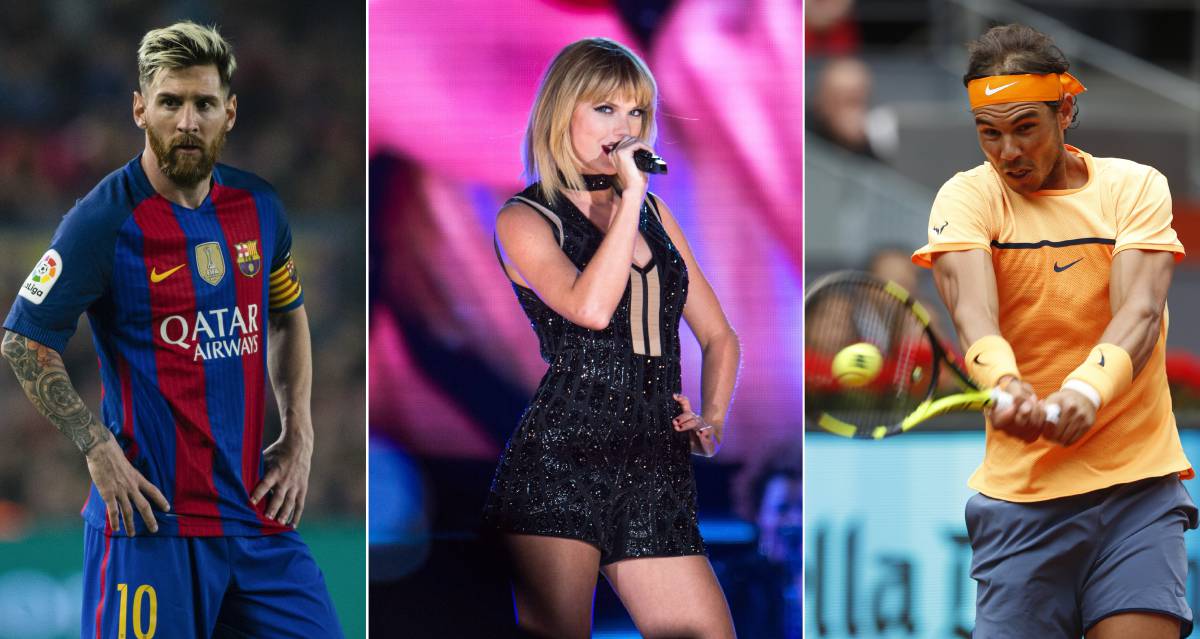 De izquierda a derecha: Messi, Taylor Swift y Rafa Nadal. De izquierda a derecha: Messi, Taylor Swift y Rafa Nadal.