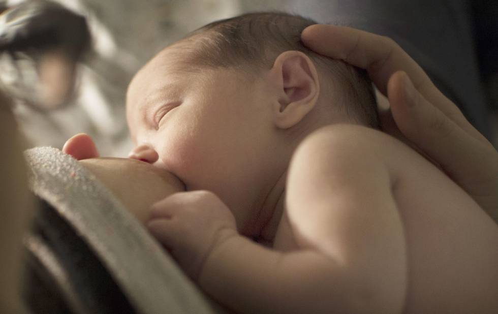 Un niño mama de la teta de su madre.