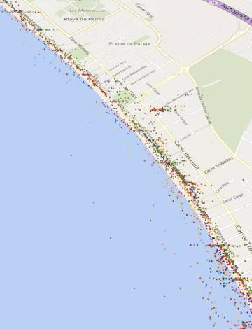 Mapa de detección de dispositivos móviles a las 18 horas de un día laborable en la zona urbana de la Playa de Palma, que se utilizan para inventariar los movimientos de los usuarios.
