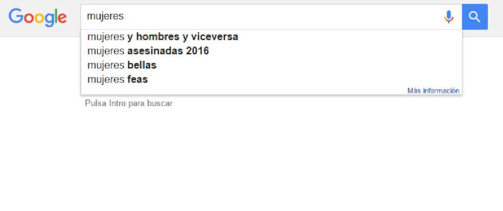 Resultados de la búsqueda de Google si pones la palabra "mujeres" en la caja del buscador.