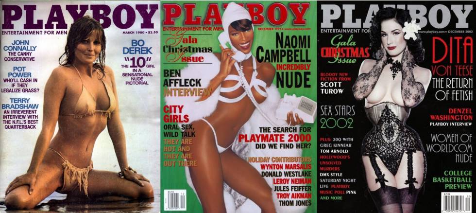 De izquierda a derecha: portadas de 'Playboy' con Bo Derek (1980), Naomi Campbell (1999) y Dita Von Teese (2002).