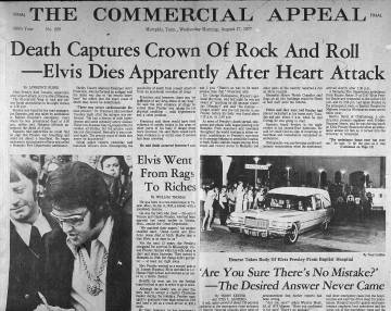 Portada del diario 'The Commercial Appeal' un día después de la muerte del Elvis Presley. Algunos aseguran que el Rey todavía está vivo. De hecho, le han visto.