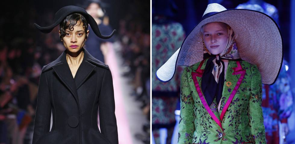Somprero en el último desfile de Jacquemus y, a la derecha, la pamela propuesta por Gucci.