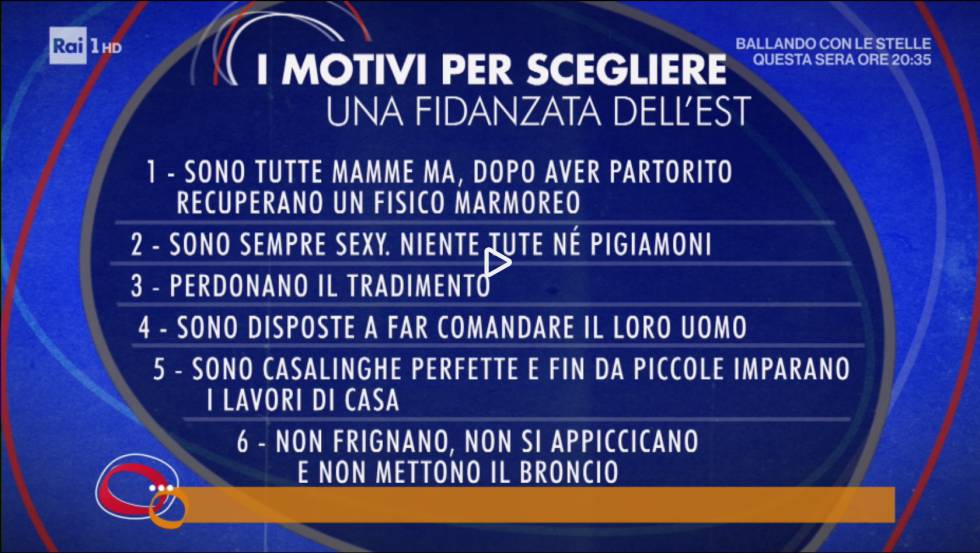 1. Son todas madres pero, tras dar a luz, recuperan un físico marmóreo. 2. Siempre están sexys. Nada de chándal o pijamón. 3. Perdonan la traición. 4. Están dispuestas a dejar que su hombre mande. 5. Son amas de casa perfectas y ya desde pequeñas aprenden las labores domésticas. 6. No lloriquean, no se acoplan y nunca se quedan cabreadas nunca les dura el cabreo. Literalmente, mettere il broncio en italiano es como poner mala cara por enfado (Tommaso Koch, dixit).