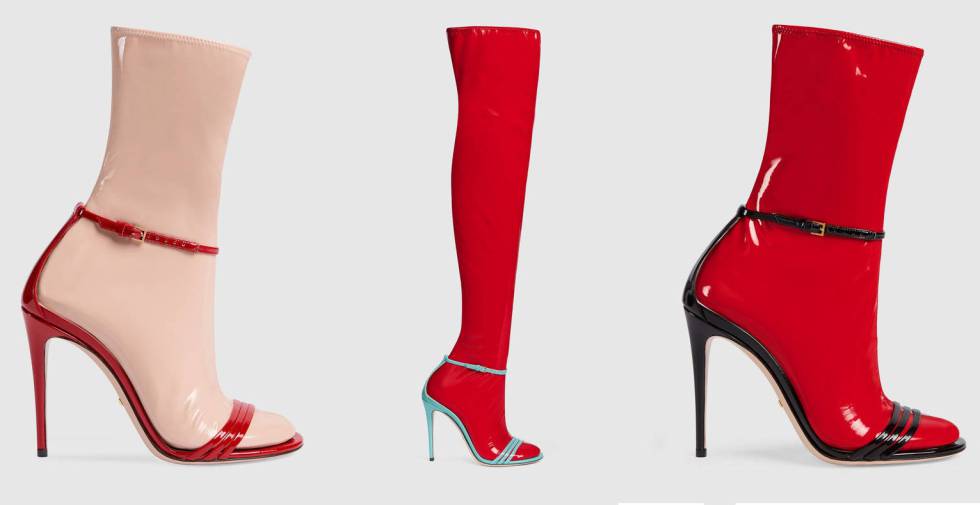 Sandalias con calcetines en rojo y beige, y medias en rojo, de Gucci. 