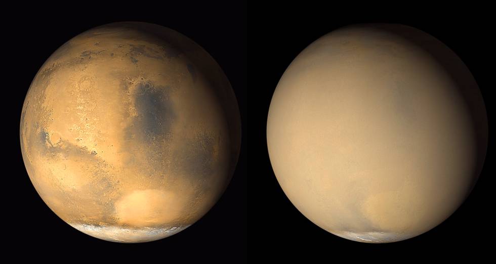 A imagem da direita mostra o planeta coberto por uma enorme tempestade de areia.