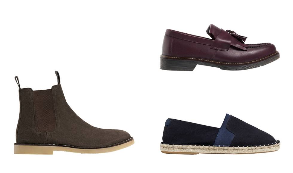 Zapatos para vestir relajado. Precio del botín Chelsea: 49,95 euros. Mocasín: 39,95 euros. Zapato yute: 25,95 euros.