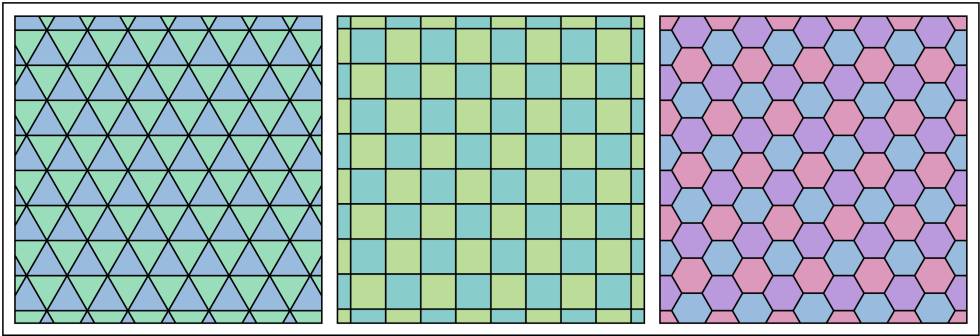 Teselados del plano con triángulos equiláteros, cuadrados y hexágonos regulares.
