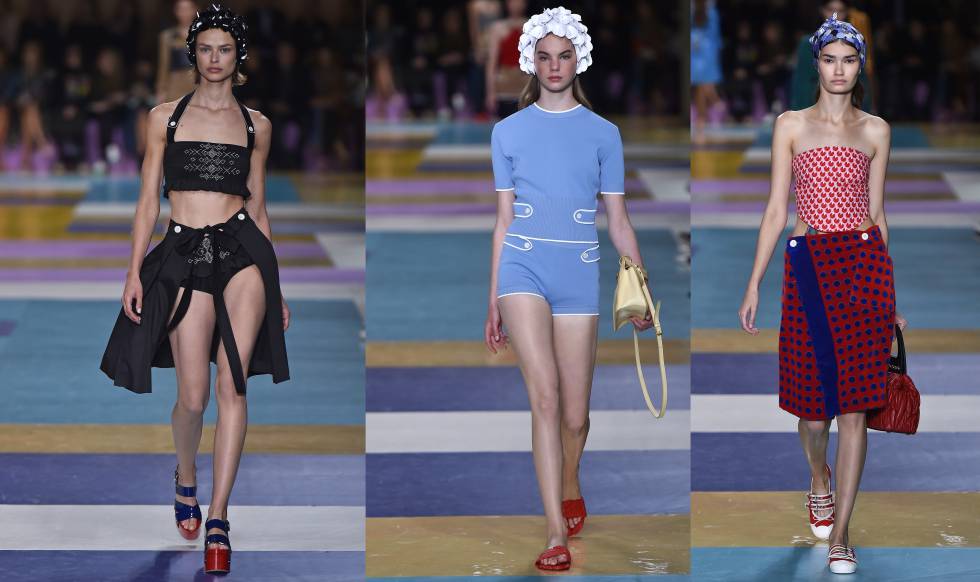 Tres diseños de Miuccia Prada para la colección de esta primaveraverano de Miu Miu.